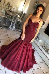 Burgundy Mermaid Prom Dress with Beads and Lace Spaghetti Straps
